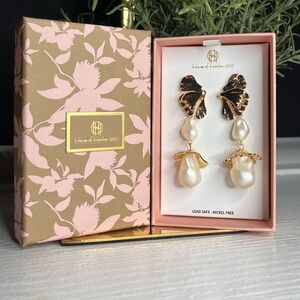 House of Harlow 1960 Leaf & Pearl Dangle Earrings • Gold Tone Baroque Drop • NIB